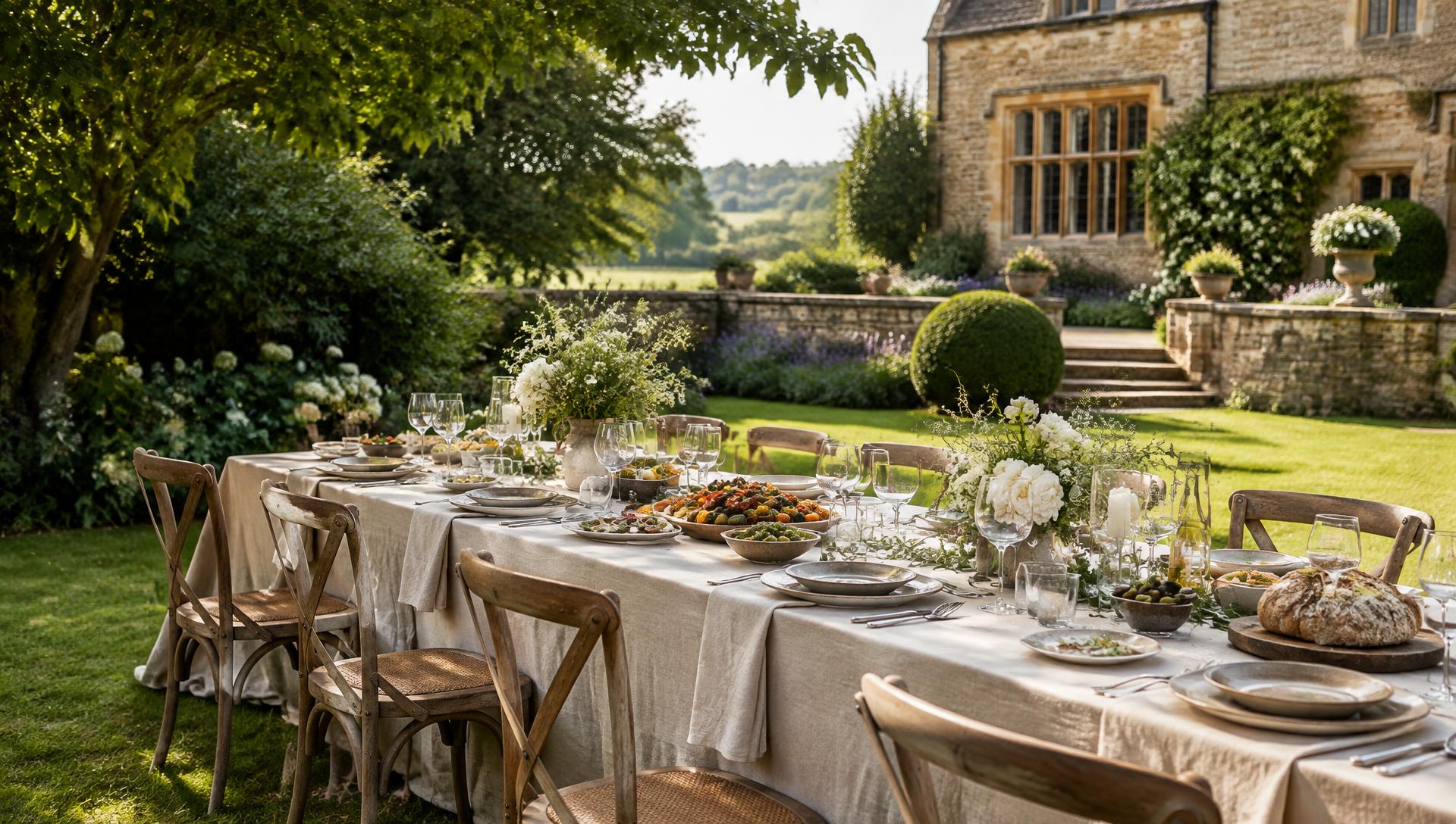 Beautiful outdoor dining table in a Cotswold garden in daytime