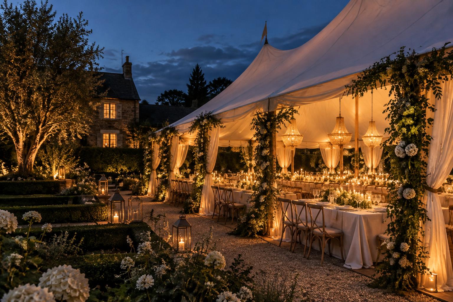 Beautiful candlelit marquee wedding at night